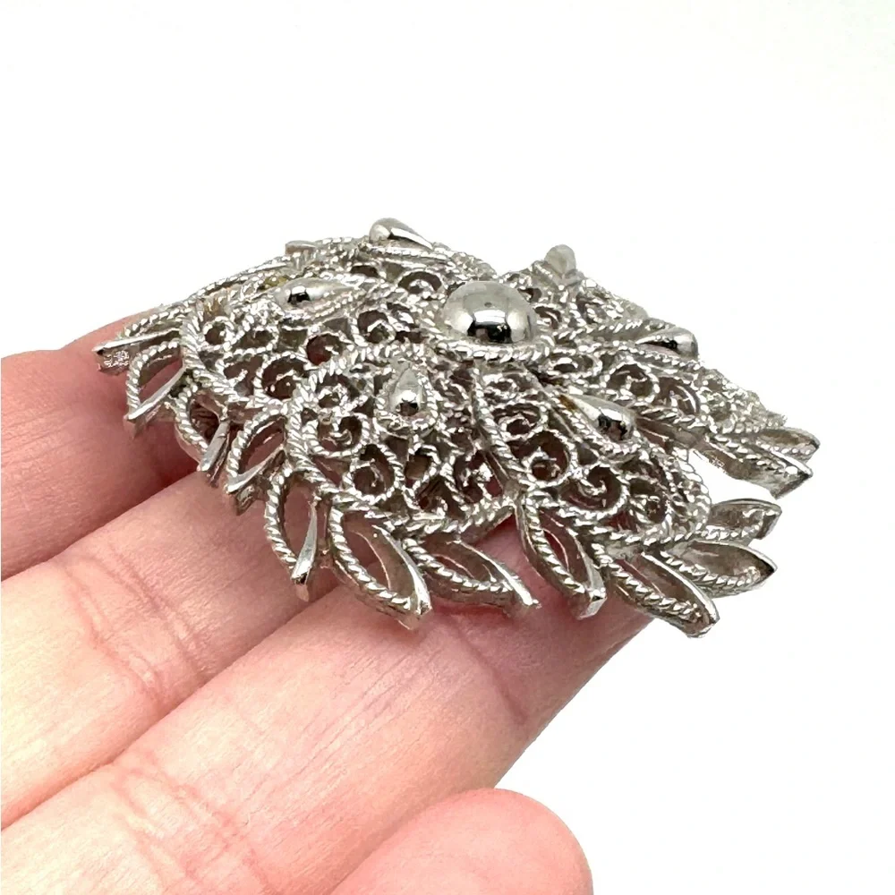 Trifari Silvertone Floral Filigree Brooch